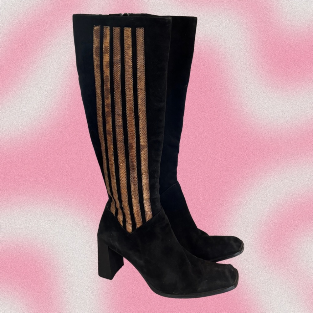 Black Suede Knee-High Boots with Gold Stripes & Red Animal Print Lining - Sz 6.5